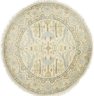 Hand-Knotted Oushak Round Floral Wool Rug 8 ft Modern Home Decor: Hand-Knotted Oushak Round Floral Wool Rug 8 ft Modern Home Decor This exquisite hand-knotted Oushak Oriental round rug features a charming floral design that complements modern decor. Measuring 7'11"