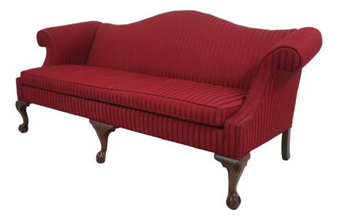 Ethan Allen Camelback Sofa Mahogany Chippendale Style Brown: Ethan Allen Camelback Sofa Mahogany Chippendale Style Brown Experience timeless elegance with this Ethan Allen French Country Camelback Sofa, crafted around 1992. This exquisite piece features ball an