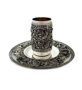 Italian 925 Sterling Silver Handmade Floral Cup and Tray Set: Italian 925 Sterling Silver Handmade Floral Cup and Tray Set This exquisite set includes a Fine Italian 925 Sterling Silver Cup and Tray, showcasing stunning handmade 3D heavy floral leaf applique des