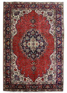 Hand-Knotted 6.5 x 9.6 Red Persian Tabriz Area Rug: Hand-Knotted 6.5 x 9.6 Red Persian Tabriz Area Rug Elevate your home decor with this exquisite 6.5 x 9.6 Red Persian Tabriz Rug, handcrafted by skilled Persian artisans. Featuring a striking red backg