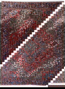 Handcrafted 7.5 x 10.1 Red Persian Heriz Area Rug: Handcrafted 7.5 x 10.1 Red Persian Heriz Area Rug Introducing the exquisite 7.5 x 10.1 Red Persian Heriz Rug, a stunning representation of traditional Persian artistry. Handcrafted by skilled artisans