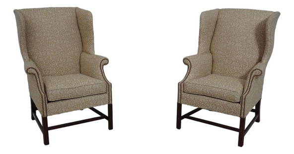 Pair of Southwood Upholstered Wing Back Chairs Chippendale Style: Pair of Southwood Upholstered Wing Back Chairs Chippendale Style Enhance your living space with this exquisite pair of Southwood Newly Upholstered Wing Back Chairs. Crafted with high-quality construct