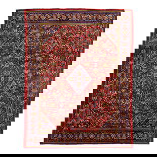 Vintage 1960s Persian Mahal Hand-Knotted Wool Rug 9'9" x 12'8" Red Medallion Design: Vintage 1960s Persian Mahal Hand-Knotted Wool Rug 9'9" x 12'8" Red Medallion Design Beautiful vintage Persian Mahal hand-knotted wool rug with a red field. This piece has a navy blue frame and multico