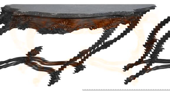 Elegant Italian Console Table with Gray Marble Top: Elegant Italian Console Table with Gray Marble Top This exquisite Italian style console foyer table features a stunning beveled edge gray marble top and an elegantly carved base. Crafted approximately