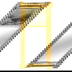 Antique American Empire Giltwood Mirror with Landscape Painting c1840: Antique American Empire Giltwood Mirror with Landscape Painting c1840 This exquisite antique American Empire wall mirror showcases a giltwood frame with charming rosette corners, blending functionalit