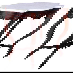 Antique Rococo Marble Walnut Turtle Top Parlor Table 1880: Antique Rococo Marble Walnut Turtle Top Parlor Table 1880 This exquisite antique Rococo parlor table, crafted circa 1880, features a stunning beveled and shaped marble top elegantly supported by a wal