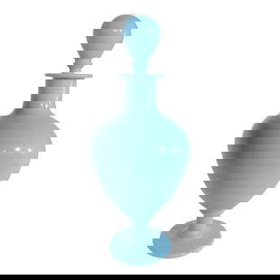 French Portieux Vallerysthal Baby Blue Glass Stoppered Bottle 17" Tall: French Portieux Vallerysthal Baby Blue Glass Stoppered Bottle 17" Tall Charming French Portieux Vallerysthal stoppered bottle in baby blue colored glass. This example is in very good, original, clean