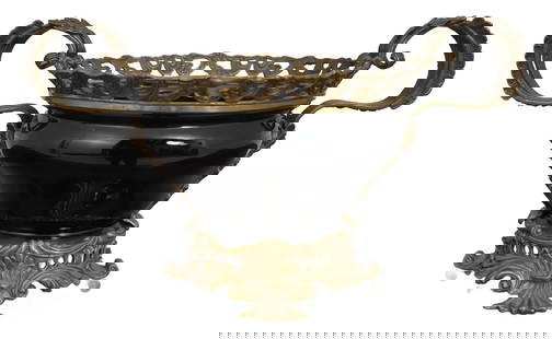 Stunning 18.5in French Bronze & Black Porcelain Center Bowl: Stunning 18.5in French Bronze & Black Porcelain Center Bowl This exquisite French Style Center Bowl features a stunning black porcelain finish complemented by high-quality detailed bronze handles and