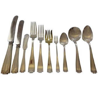 Gorham Etruscan Sterling Silver Flatware Set for 12 - 130 Pieces: Gorham Etruscan Sterling Silver Flatware Set for 12 - 130 Pieces This exquisite Etruscan flatware set by Gorham features a stunning art deco style Greek key design, crafted from high-quality sterling