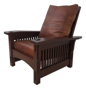 Arts & Crafts Mahogany Leather Morris Chair in LJ&G Stickley Style: Arts & Crafts Mahogany Leather Morris Chair in LJ&G Stickley Style Experience timeless elegance with this Arts & Crafts Solid Mahogany Leather Morris Chair, crafted approximately 20 years ago. This im