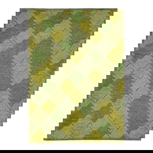 Handmade Green Wool Rug Swedish Design 8'11 x 12'4 Geometric Pattern: Handmade Green Wool Rug Swedish Design 8'11 x 12'4 Geometric Pattern Enhance your space with this exquisite handmade flatweave rug, showcasing a striking modern Swedish design. The rug features a vibr