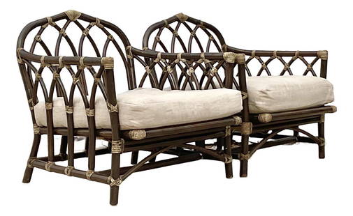 Set of 2 Vintage McGuire-Inspired Rattan Cathedral Lounge Chairs: Set of 2 Vintage McGuire-Inspired Rattan Cathedral Lounge Chairs Experience the perfect blend of coastal charm and classic design with this set of two vintage rattan cathedral lounge chairs. Inspired