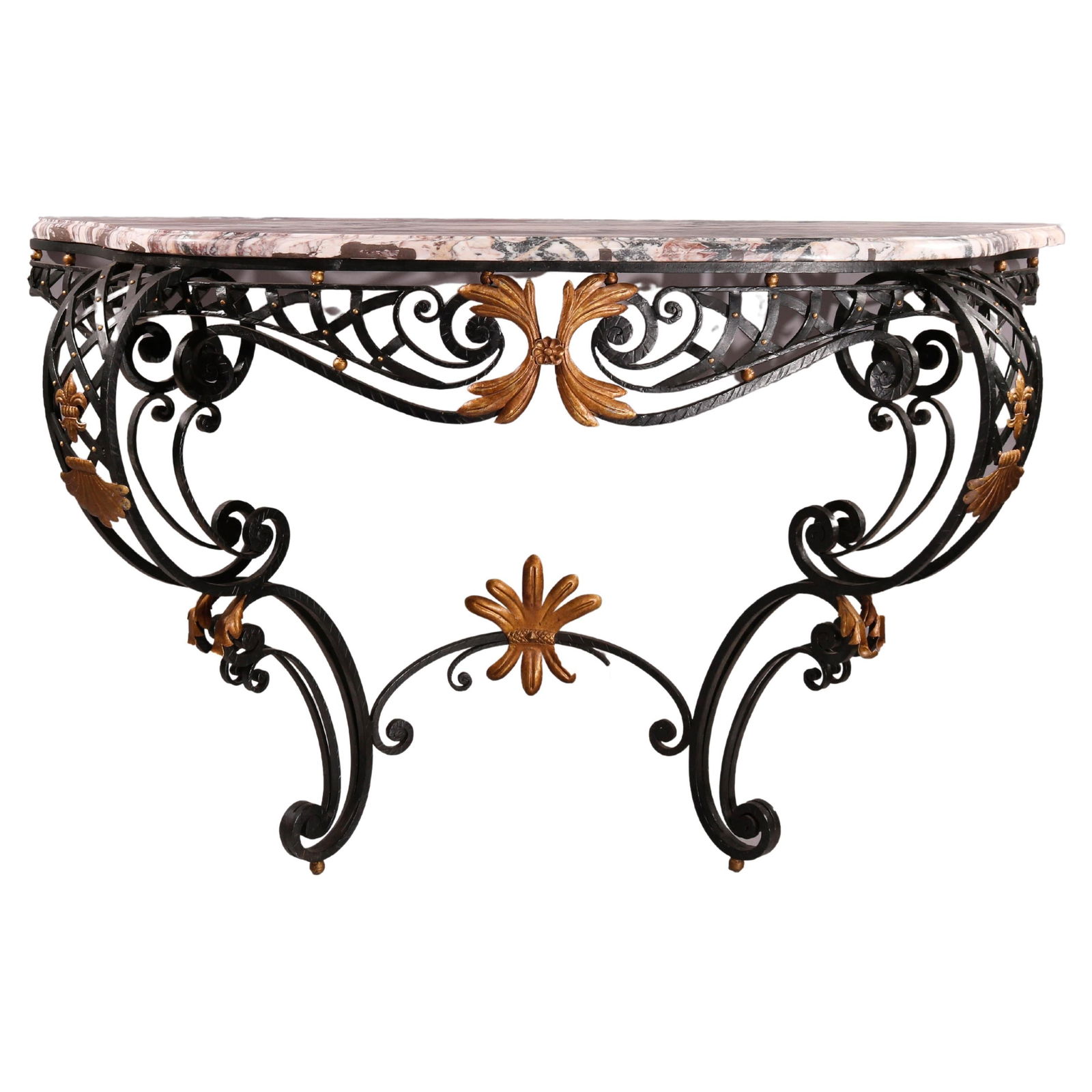 Elegant French Louis XV Style Marble Wrought Iron Console Table: Elegant French Louis XV Style Marble Wrought Iron Console Table This exquisite French Louis XV style console table features a beautifully shaped and beveled marble top, elegantly supported by a basket