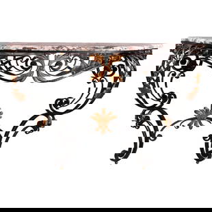 Elegant French Louis XV Style Marble Wrought Iron Console Table: Elegant French Louis XV Style Marble Wrought Iron Console Table This exquisite French Louis XV style console table features a beautifully shaped and beveled marble top, elegantly supported by a basket