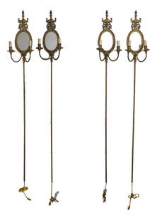Set of 4 Brass Mirrored Lighted Wall Sconces 10x6x68: Set of 4 Brass Mirrored Lighted Wall Sconces 10x6x68 Enhance your decor with this elegant set of four Regency style brass mirrored and lighted wall sconces. Each sconce features a long brass wire tube