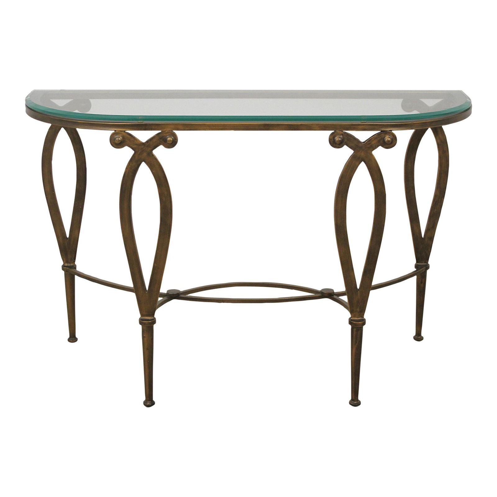 Modernist Console Table 48w x 18d x 30.5h Beveled Glass Metal Bronze Finish: Modernist Console Table 48w x 18d x 30.5h Beveled Glass Metal Bronze Finish This exquisite Modernist Design Console Table features a sleek beveled glass top elegantly supported by a sturdy metal frame