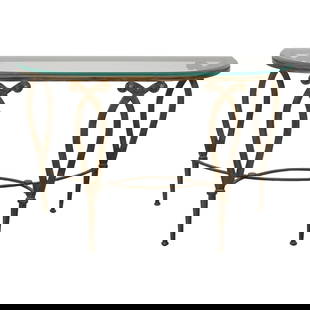 Modernist Console Table 48w x 18d x 30.5h Beveled Glass Metal Bronze Finish: Modernist Console Table 48w x 18d x 30.5h Beveled Glass Metal Bronze Finish This exquisite Modernist Design Console Table features a sleek beveled glass top elegantly supported by a sturdy metal frame