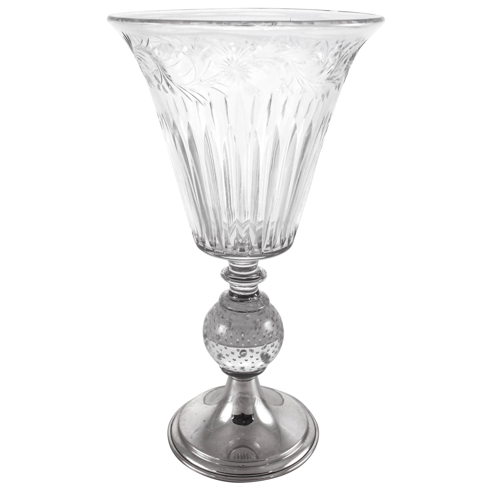 Steuben Hawkes 1930s Sterling Silver and Crystal Vase 12in: Steuben Hawkes 1930s Sterling Silver and Crystal Vase 12in This exquisite vase showcases a stunning blend of classic and contemporary design, featuring beautifully cut crystal at the top that contrast