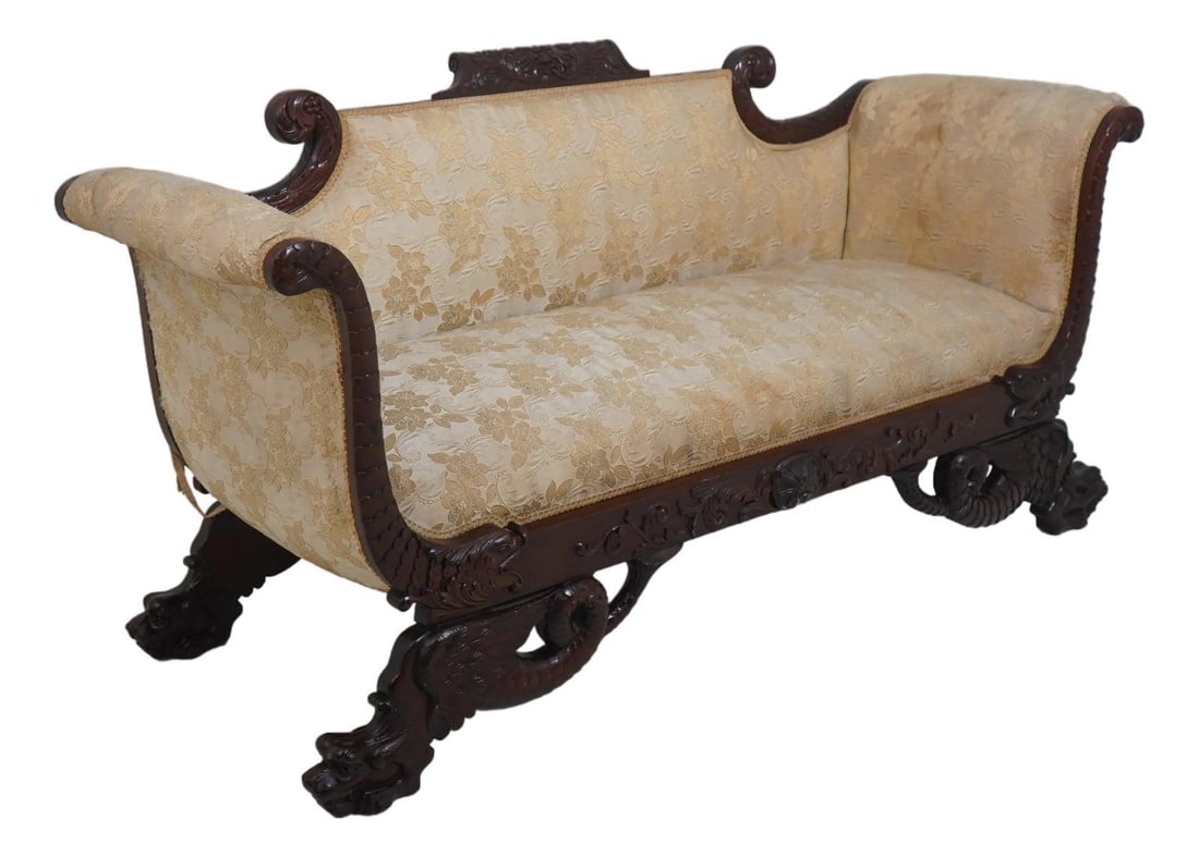 Elegant Antique Federal Mahogany Sofa with Carved Dolphin Arms: Elegant Antique Federal Mahogany Sofa with Carved Dolphin Arms This exquisite Antique Federal Style Mahogany Sofa showcases the elegance of classic design with its fine carved details and high-quality