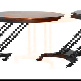 Antique Neoclassical Walnut Center Table C1900 with Turned Column Base: Antique Neoclassical Walnut Center Table C1900 with Turned Column Base This exquisite Antique Neoclassical Walnut Center Table features a beautifully turned column base, showcasing the craftsmanship o