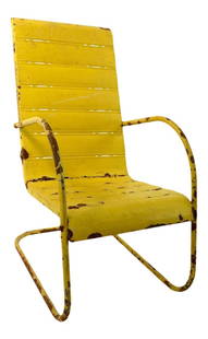 Vintage Mid-Century Art Deco Yellow Steel Patio Chair 39" High: Vintage Mid-Century Art Deco Yellow Steel Patio Chair 39" High Discover a striking Mid-Century Art Deco Cantilevered Patio Chair that combines rustic charm with modern design. This high-back outdoor c