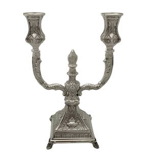 Elegant 925 Sterling Silver 2-Light Candelabra with Leaf Design: Elegant 925 Sterling Silver 2-Light Candelabra with Leaf Design This exquisite candelabra is crafted from fine 925 sterling silver, showcasing a unique handmade chased swirl leaf applique design that