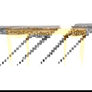 1920s French Louis XVI Sideboard with Beveled Marble Top 85x22.5x39: 1920s French Louis XVI Sideboard with Beveled Marble Top 85x22.5x39 This stunning Vintage 1920s French Louis XVI Sideboard features a beautifully beveled edge marble top and exquisite paint-decorated