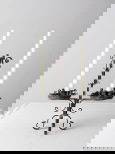 Charming Vintage Wrought Iron Candle Holder with Scroll Design: Charming Vintage Wrought Iron Candle Holder with Scroll Design This vintage wrought iron candle holder showcases an elegant scroll work design with two candlestick sconces. The beautiful blue-green pa