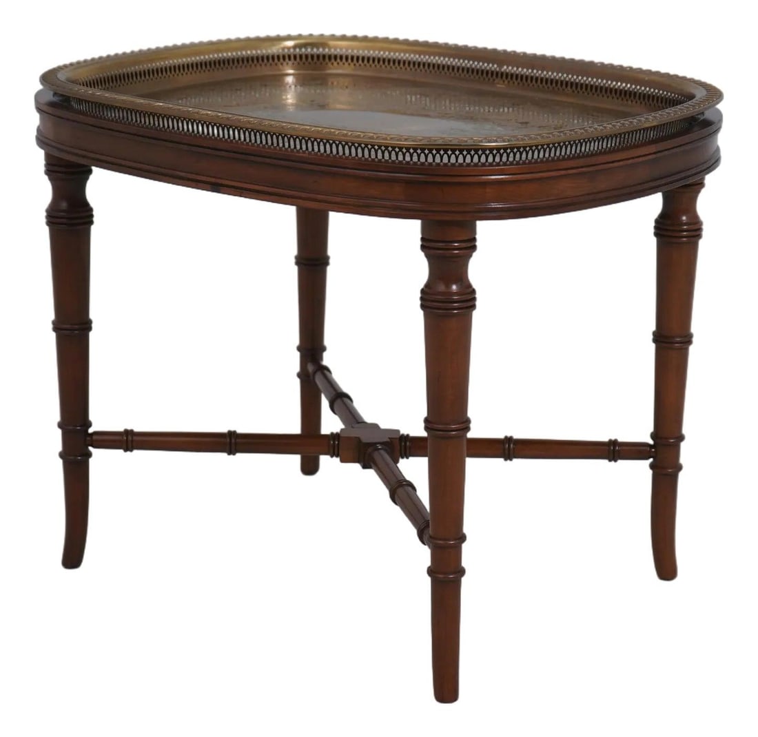 Vintage Mahogany Cherry Brass Tray Table with Bamboo Base: Vintage Mahogany Cherry Brass Tray Table with Bamboo Base This Vintage Cherry & Brass Tray Table showcases exquisite craftsmanship with fine carved details. Constructed from high-quality mahogany, it