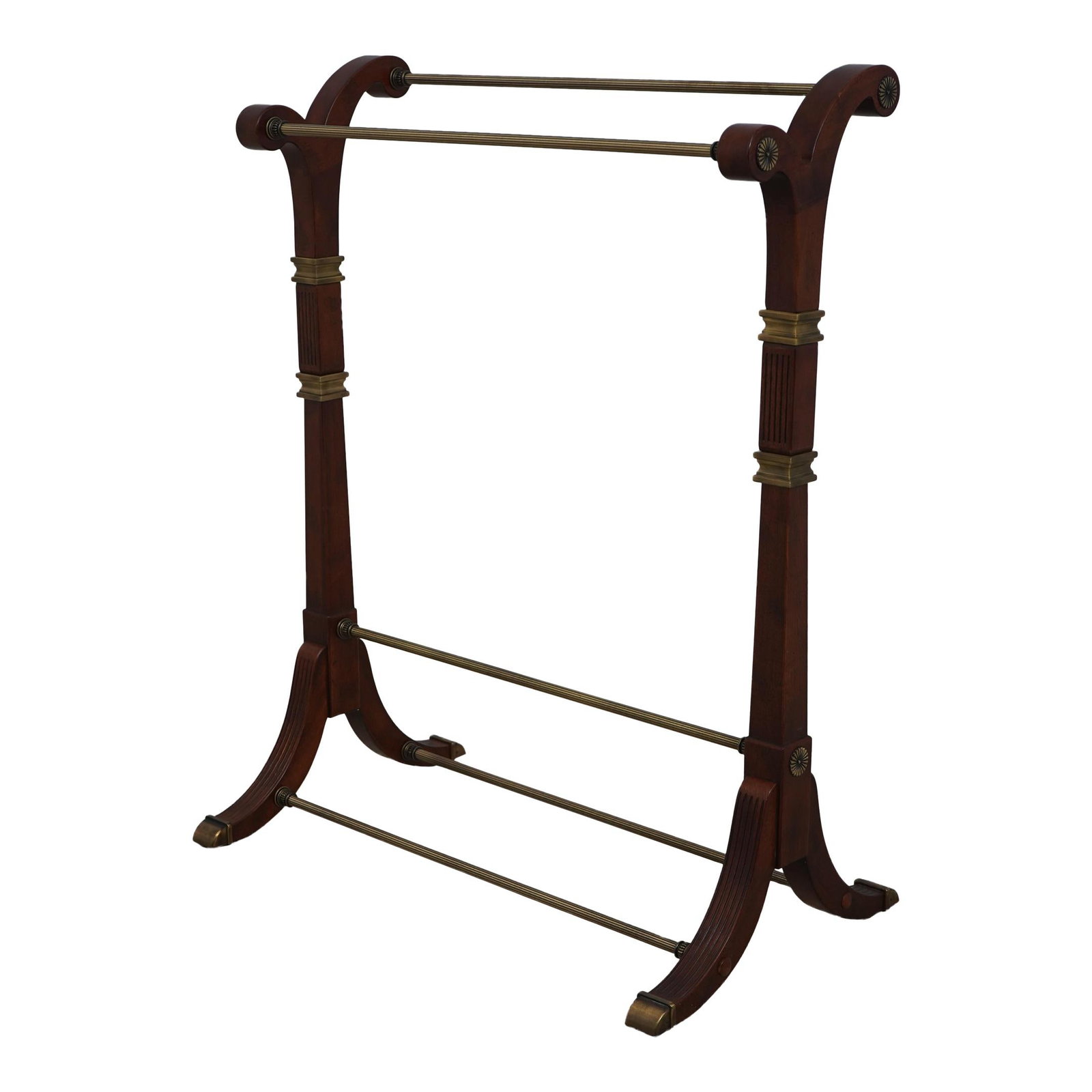 Bombay Regency Mahogany Brass Blanket Rack 27x16x34: Bombay Regency Mahogany Brass Blanket Rack 27x16x34 This exquisite Bombay Regency Style Blanket Rack showcases a stunning combination of mahogany wood and brass accents, embodying traditional craftsma