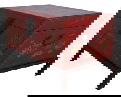Vintage Chinese Hand Painted Red Flip Top Box 27x18x17: Vintage Chinese Hand Painted Red Flip Top Box 27x18x17 This Vintage Chinese Paint Decorated Flip Top Box features hand-painted details and a beautiful Asian-inspired design. The interior is lined with