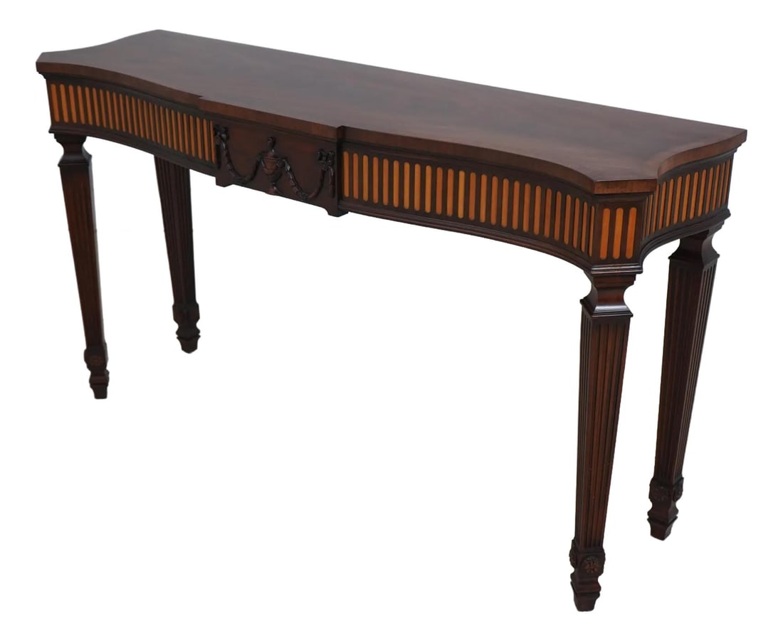 Henkel Harris Adams Style Mahogany Console Table 58w x 16.5d x 32.5h: Henkel Harris Adams Style Mahogany Console Table 58w x 16.5d x 32.5h This elegant Henkel Harris Adams Style Console Serving Table, crafted around 1994, showcases high-quality construction with a stunn