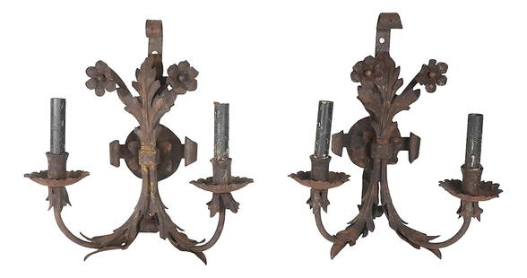 Antique Wrought Iron Sconces Pair Early 1900s Spanish Mission Design: Antique Wrought Iron Sconces Pair Early 1900s Spanish Mission Design This exquisite pair of antique wrought iron sconces showcases a stunning design from the early 1900s, reflecting Spanish influence
