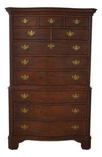 Lexington Chippendale Large Cherry High Chest with Brass Hardware: Lexington Chippendale Large Cherry High Chest with Brass Hardware This impressive Lexington Large Cherry High Chest of Drawers showcases a timeless Chippendale style, featuring elegant Greek key moldi