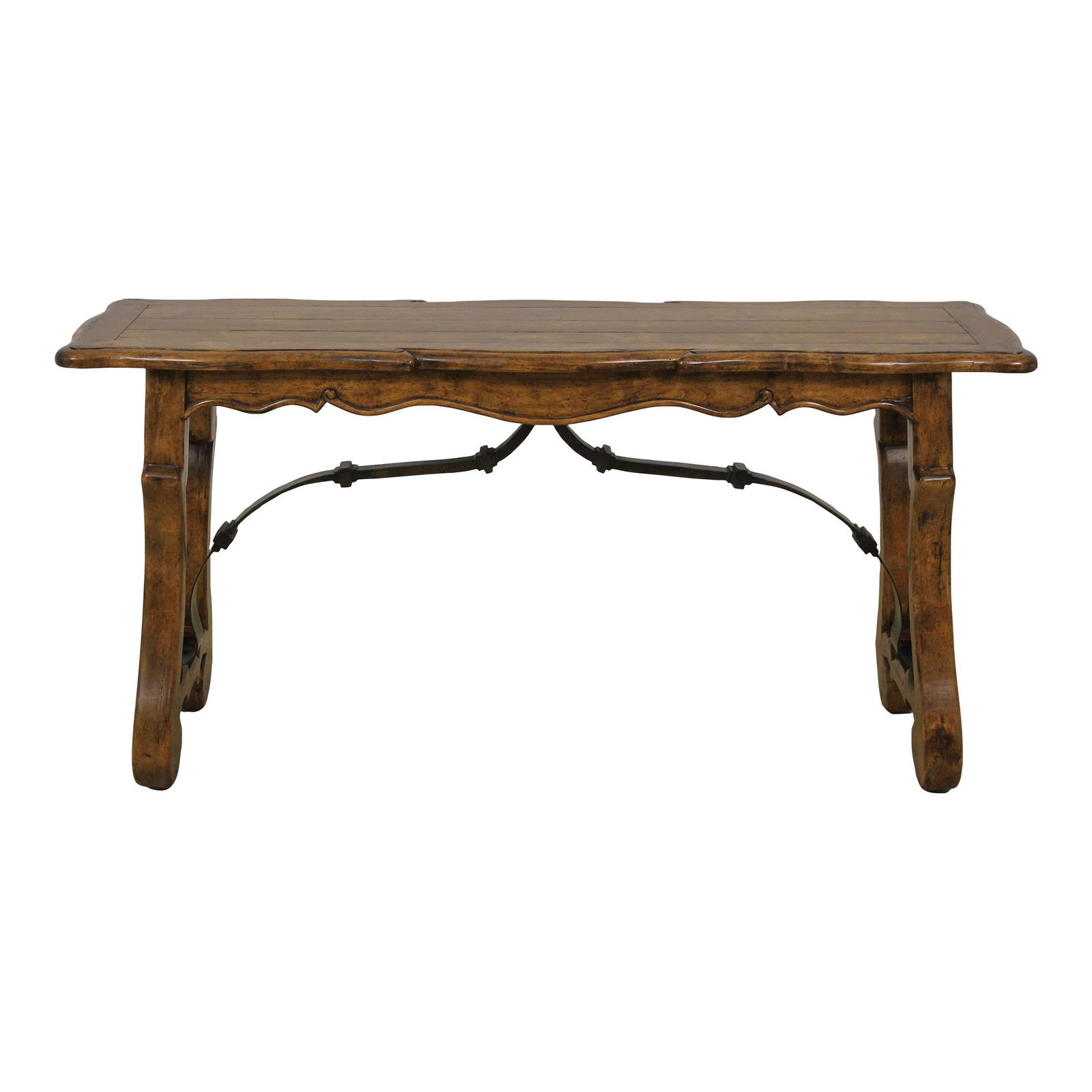 Country French Style Wood and Iron Console Table: Country French Style Wood and Iron Console Table Introducing the Bausman Country French Style Console Table, a beautiful blend of wood and iron craftsmanship. This console table features a factory dis