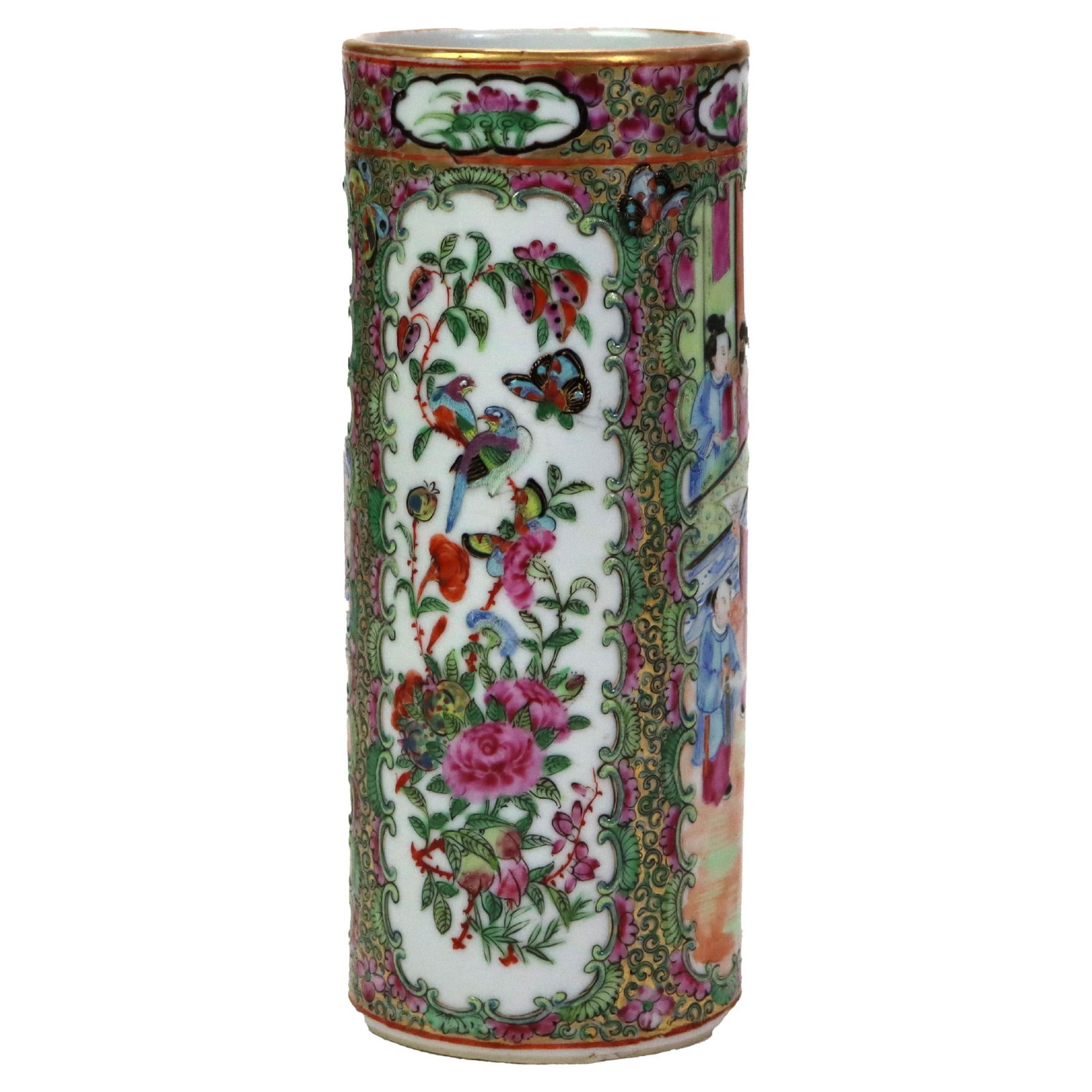 Antique Chinese Rose Medallion Porcelain Brush Pot C1930 9in: Antique Chinese Rose Medallion Porcelain Brush Pot C1930 9in This exquisite antique Chinese Rose Medallion porcelain brush pot, dating back to circa 1930, features intricate hand-painted designs emble