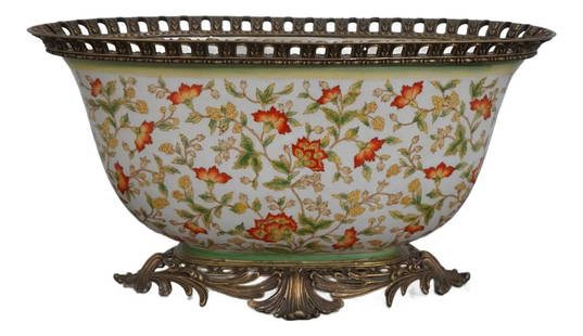 Ornate Bronze Trim Floral Porcelain Center Bowl 22 x 11 x 11.5: Ornate Bronze Trim Floral Porcelain Center Bowl 22 x 11 x 11.5 This exquisite porcelain center bowl features ornate bronze trim, showcasing a stunning floral decoration. Crafted with high-quality cons
