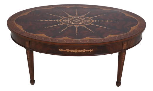 Elegant Brown Wooden Baton Coffee Table 44x30x18 with Marquetry: Elegant Brown Wooden Baton Coffee Table 44x30x18 with Marquetry This exquisite Maitland Smith Baton Coffee Table showcases a beautiful blend of craftsmanship and design, featuring intricate marquetry
