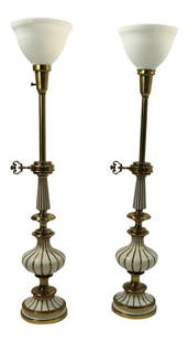Stiffel Hollywood Regency Table Lamps - Elegant Pair 39.5" Height: Stiffel Hollywood Regency Table Lamps - Elegant Pair 39.5" Height Elevate your home decor with this stunning pair of Hollywood Regency style table lamps by Stiffel. These elongated lamps boast a glamo