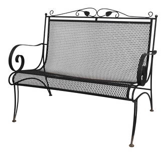 Woodard Wrought Iron Patio Settee Black 35H x 44.5W: Woodard Wrought Iron Patio Settee Black 35H x 44.5W This elegant wrought iron and metal mesh settee, attributed to Woodard Furniture Company, combines style and durability for your outdoor space. The