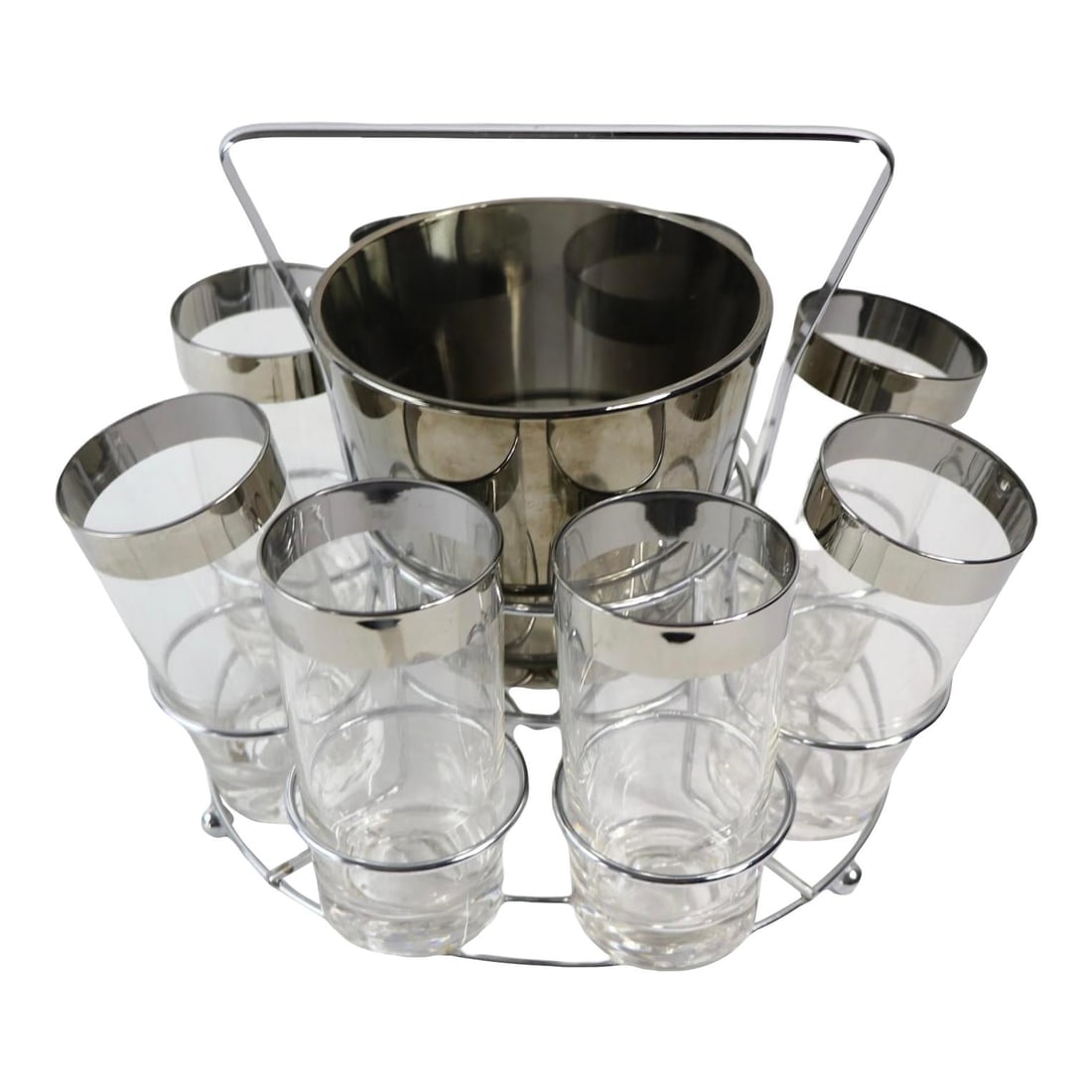 Mid Century Dorothy Thorpe Silver Rim Cocktail Caddy Set 8 Pc: Mid Century Dorothy Thorpe Silver Rim Cocktail Caddy Set 8 Pc Elevate your cocktail experience with this chic Mid Century silver rim drink caddy attributed to Dorothy Thorpe. This elegant set features