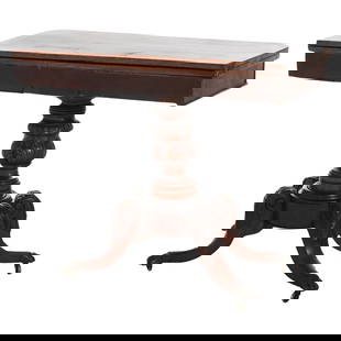 Antique Duncan Phyfe Style Carved Mahogany Card Table C1830: Antique Duncan Phyfe Style Carved Mahogany Card Table C1830 This exquisite Antique Federal Duncan Phyfe Style card table, dating back to circa 1830, showcases a beautifully carved acanthus design. Cra