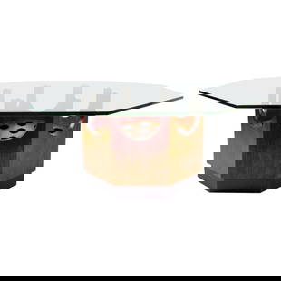 Midcentury Octagonal Table by Harvey Probber Walnut Glass 38 in: Midcentury Octagonal Table by Harvey Probber Walnut Glass 38 in This stylish midcentury octagonal table, attributed to Harvey Probber, features a beautifully crafted wood base with elegant oval cut-ou