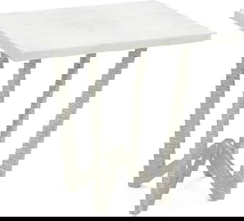 John-Richard Calica Striated Marble and Nickel End Table: John-Richard Calica Striated Marble and Nickel End Table Enhance your living space with this Elegant Striated Nickel and Marble End Table. Featuring a striking striated textured white marble top and a