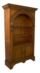 Baker Palladian Lighted Bookcase Walnut Cherry Finish 52x19x86: Baker Palladian Lighted Bookcase Walnut Cherry Finish 52x19x86 This impressive Baker Palladian Lighted Open Bookcase is a stunning addition to any home, featuring a factory distressed finish that enha