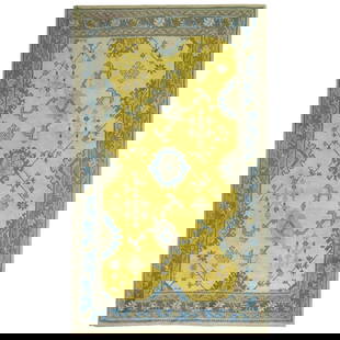 Antique Turkish Oushak Rug Yellow Teal Hand-Knotted Wool 6'1" x 9'9": Antique Turkish Oushak Rug Yellow Teal Hand-Knotted Wool 6'1" x 9'9" This exquisite antique Turkish Oushak rug features a vibrant yellow background beautifully complemented by a teal border. With dime