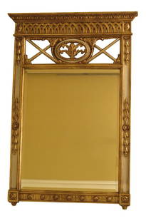 Vintage Italian Style Gold Mirror 39 x 58 Beveled Glass Frame: Vintage Italian Style Gold Mirror 39 x 58 Beveled Glass Frame This is a vintage Italian inspired gold and off white mirror. The piece is about 20 years old.Beveled Glass Composite Frame. Depth: 1.0. W