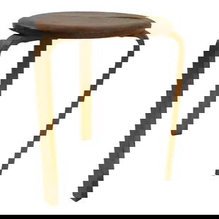 Mid Century Scandinavian Taboret Table Alvar Aalto Style 13in Diameter: Mid Century Scandinavian Taboret Table Alvar Aalto Style 13in Diameter This classic Scandinavian taboret table, inspired by the designs of Alvar Aalto, showcases a timeless aesthetic and practical des