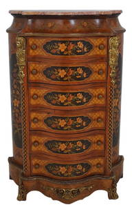 Antique French Marble Top Inlaid Bronze Chest with 6 Drawers: Antique French Marble Top Inlaid Bronze Chest with 6 Drawers Discover this exquisite French marble top inlaid bronze mounted chest, approximately 40 years old, showcasing exceptional craftsmanship. Th