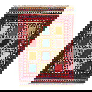 Modern Kilim Handmade Wool Rug 5'9 x 8'3 Multicolor Geometric Red: Modern Kilim Handmade Wool Rug 5'9 x 8'3 Multicolor Geometric Red Enhance your living space with this stunning Modern Kilim handmade wool rug, featuring a vibrant multicolor geometric design. Crafted